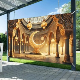 BlissYard Ramadan Backdrop Banner 71x43 Inch Crescent Moon and Star Eid Decoration Hanging Islamic Arch Mosque Wall Art Gold Ramadan Kareem Festival Display for Indoor Outdoor Muslim Celebration