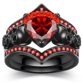 GTISKL Gothic Black Rose Flower Skull Engagement Ring Set Red Purple Heart-shaped Zircon Crystal Wedding Anniversary Mother's Day Holiday Gift Jewelry (Red, 8)