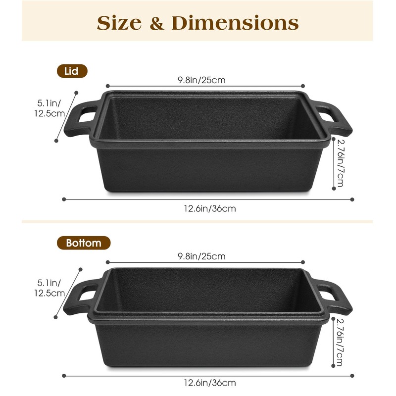 Bachdomc Cast Iron Loaf Pan With Lid, 9×5 in – 2‑in‑1 Heavy‑Duty
