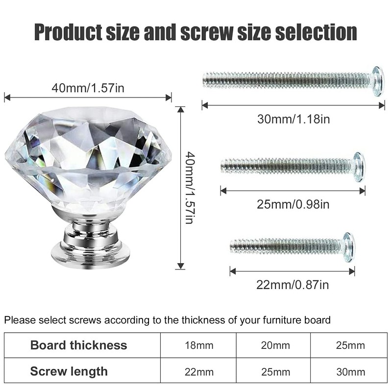 10 Pack Drawer Knobs, 40mm Diamond Shaped Crystal Glass Cabinet