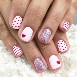 Heart Press on Nails Short Square Fake Nails Petite Pink Valentines Acrylic Nail with Glitter Designs Valentines Day False Nail Cute Wave Point Full Cover Glue on Nail Short Nails for Women 24Pcs