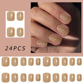 Glitter Press on Nails Short Square Fake Nails Full Cover Gold Glitter False Nails Shine Artificial Nails Glue on Nails Acrylic Stick on Nails Simple Reusable Nails for Women Daily Wear Nail 24Pcs