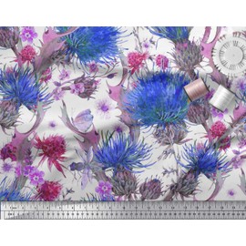 Soimoi Blue Silk Fabric Leaves & Clover Flower Printed Fabric 1 Yard 42 Inch Wide