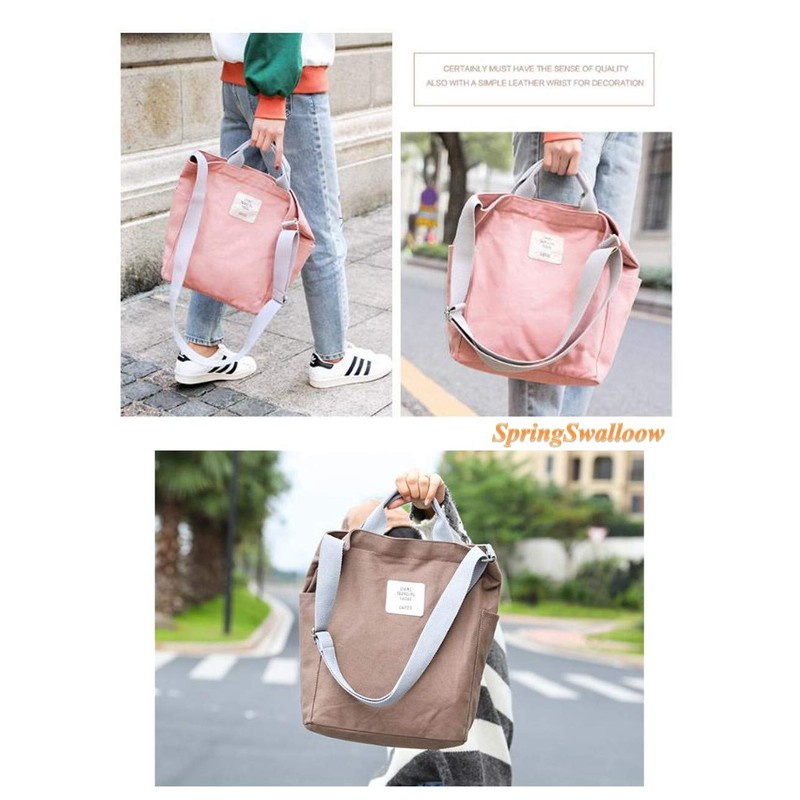 SpringSwalloow Canvas Vertical 2-Way Large Tote Bag, Gusset, Zippered, Simple,