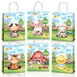 JOYGATHER 24 Pcs Farm Animals Party Favors Bags with Handles, Farm Animals Goodie Bags, Gift Bags, Candy Bags with 6 Different Types, Farm Animals Kraft Paper Bags for Birthday Party Supplies Baby Shower