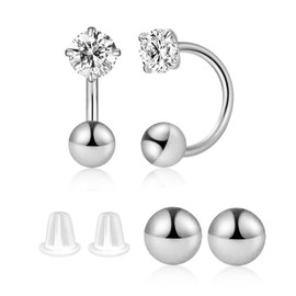 8mm Small Half Hoop Huggie Earrings for Women Teen Girls with Ball Screw Back, 3mm CZ Open Hoop Earrings Cartilage Helix Piercing Ball Screw Backs (Silver)