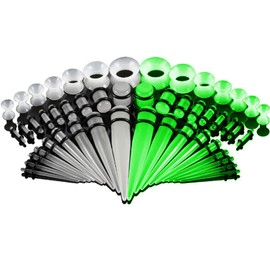 CABBE KALLO 50pcs Ear Stretching Kit Silicone Tunnels Acrylic Tapers and Plugs 14G-00G Gauges Set for Ear Piercing - Gage Starter Kit with Plugs and Tapers - Ear Gauges Stretching Kit and More (Glow in Dark)