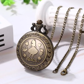 JewelryWe Father's Day Gift Pocket Watch Men's Retro Gear/Skull/Roman Numerals/Zodiac World Map Chain Watch Analogue Quartz Watch Pendant with Necklace Chain Bronze Gift for Men, Bronze - Alice in