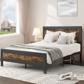 Allewie Heavy-Duty Platform Metal Bed Frame Queen Size with Headboard, Unique Wormhole and Rivet Decoration, Rustic Brown