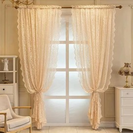 F-CHU Lace Curtains 90 drop Net Curtain for Doors or patio Boho Sheer Curtains 140cm Width x 229cm Drop (55"x 90") Beige Curtains