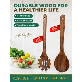 Wooden Spoons for Cooking, Teak Wood Kitchen Utensils, Cooking Utensil Set for Noodle, Spaghtti & Soup (Spaghetti Server)