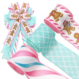 JarThenaAMCS 3 Rolls Christmas Wired Edge Pink Blue Plaid Stripe Gingerbread Fabric Craft Ribbon for Wreath Bow Making DIY Wrapping Supplies, 18 Yards