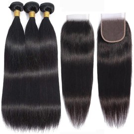 Straight Bundles With Closure Human Hair Hair 16 18 20 and 14 Inch 3 Bundles With Transparent Lace 4X4 Closure Human Hair