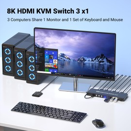 8K60Hz 4K120Hz KVM Switch 1 Monitor 3 Computers, 3 Port HDMI KVM Switch for 3 PCs Sharing 1 Monitor, Keyboard and Mouse, Built-in 4-Port USB 3.0 Hub with Dual Switching Methods
