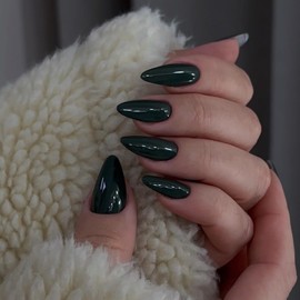 Dark Green Press on Nails Almond Shaped 48Pcs Neutral Thick Fake Nails for Women, Medium Almond Nails Press on Reusable Acrylic Nails Glue on Medium Length Stiletto False Nails Gel Artificial Nails