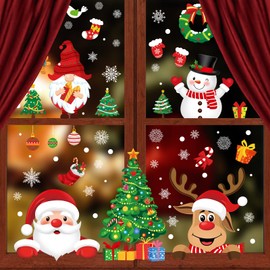 Christmas Window Clings 245pcs Christmas Decals Reusable Double Sided Printed Self Adhesive Window Decorations Santa Claus, Moose, Snowman,Socks,Dwarfs,Xmas Tree and Snowflakes Window Clings, 9 Sheet