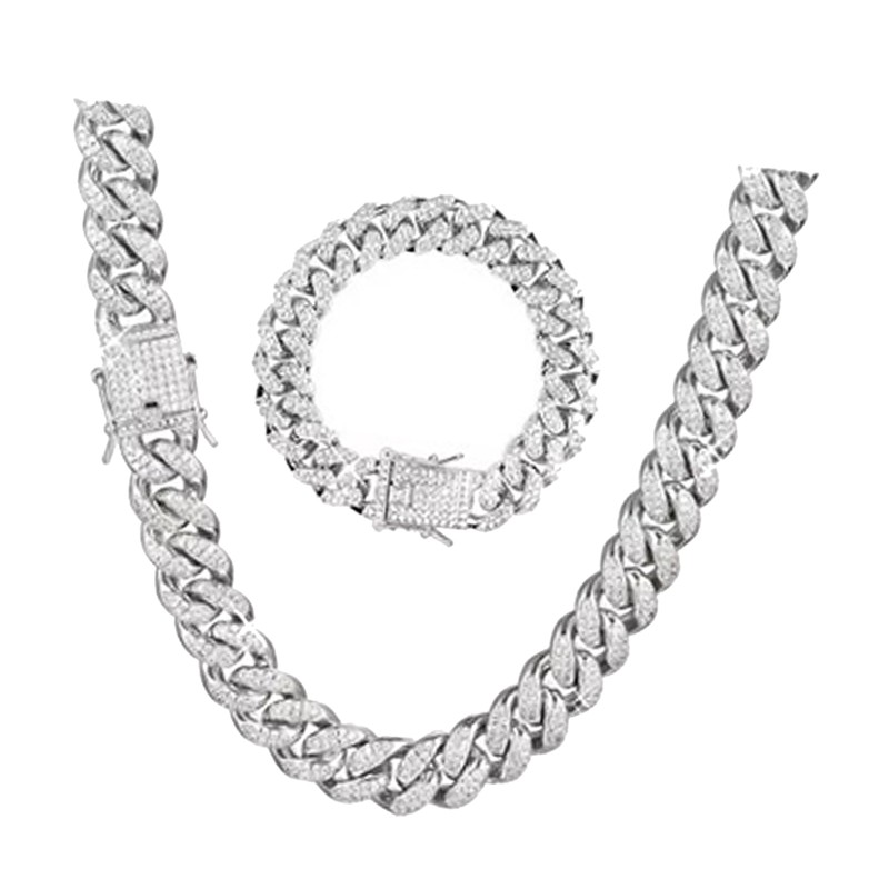 2Pcs Cuban Link Chain Rhinestone Necklace Bracelet Set Gift for