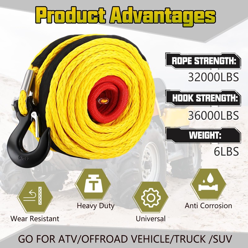 Marsui 1/2" x 100 ft Synthetic Winch Rope Cable Kit,