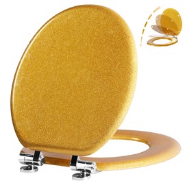 Angol Shiold Glitter Toilet Seat Molded Wood Round Toilet Seat with Quietly Close and Quick Release Hinges, Easy to Install also Easy to Clean (Round 16.5'', Gold)