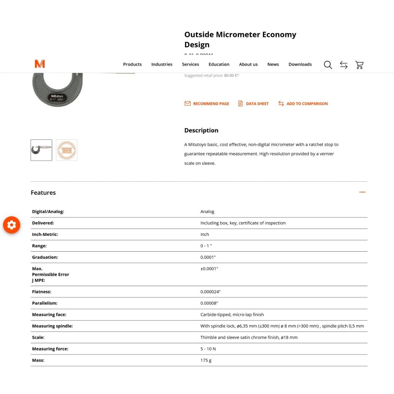 Mitutoyo 103-131 - Outside Micrometer 0 - 1", .0001 RA