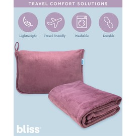 Bliss Faille Travel Pillow Blanket - 2-in-1 Lightweight Compact Airplane Camp Pillow and Blanket Set for Travelling, Size Small, Mauve