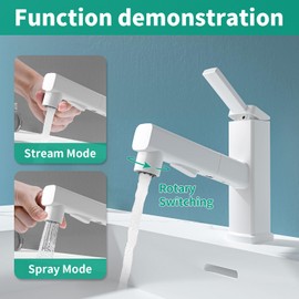 HEROBAI Single Hole Bathroom Faucet, Single Handle Modern Pull Out Bathroom Sink Faucet with 3 Water Flow Modes, Fountain Bathroom Faucets with Sprayer (White, Regular)