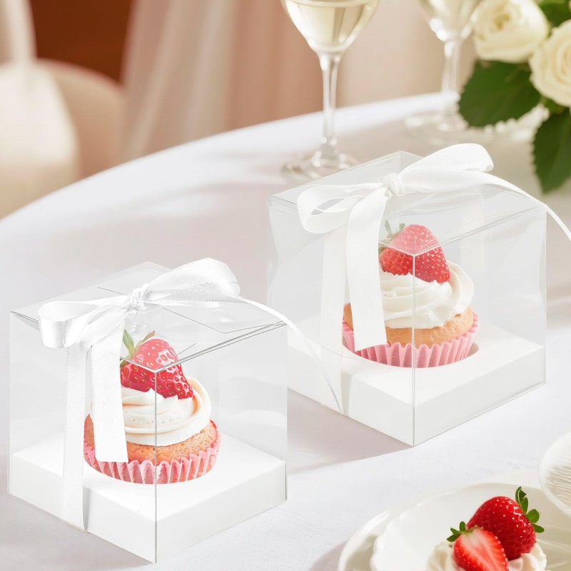 Axigundaone 60 Pcs Clear Cupcake Boxes Single 3.5 Inch, White