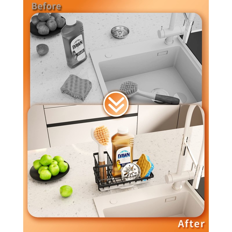 SWTYMIKI Kitchen Sink Caddy, Detachable Dish Brush Holder+Drain Tray, Sponge