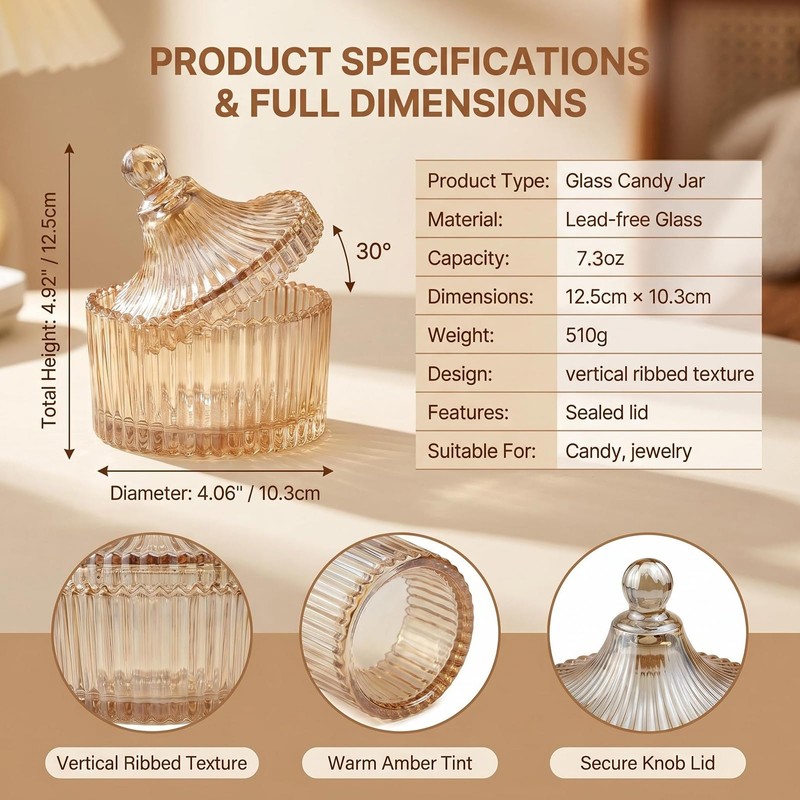 Candy Jar with Lid, Ribbed Amber Glass Tent Shape 7.4oz