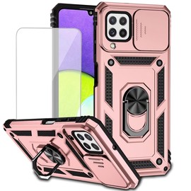 Yodueiv for Galaxy A22 4G Case, Samsung M32 4G SM-A225F with Tempered Glass Screen Protector and Slide Camera Cover, Magnetic Ring Car Mount Holder Kickstand Cover for Samsung Galaxy A22 4G Rose Gold