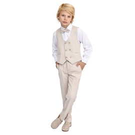 Lilax Boys’ Formal Suit Set, Boys Wedding Ring Bearer Outfit for Kids, Dresswear 4 Piece Suit Set (4 Years, Beige)