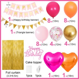 Pink Orange Party Decorations,Birthday Decorations with Hot Pink Orange Gold Balloons Happy Birthday Banner Fringe Curtain for Girls Women Teens Kids party decorations Birthday Party Decor