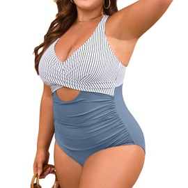 B2prity - Traje de baño de una pieza para mujer, talla grande, con control de barriga, fruncido, cuello en V, con recorte y corte, Raya, azul, Large
