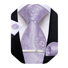 DiBanGu Silk Floral Ties for Men Woven Paisley Necktie and Tie Clip Handkerchief Cufflinks Set for Party Wedding, Lilac