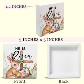 He is Risen Decor, Bunnies Eggs Cross Wooden Block Sign, Christian Easter Decorations, Religious Easter Decor for Desk Table Shelf, 5 X 5 Inches