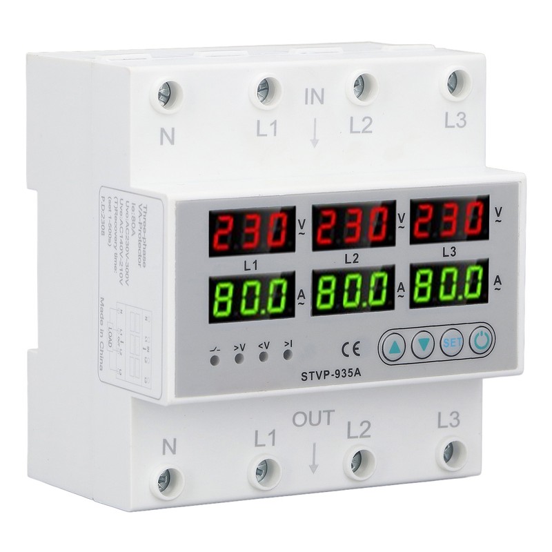 Over Under Voltage Protector 80A 3 Phase Auto Reset Voltage