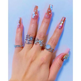 CAMILCY Press on Nails Handmade Nails Luxury Reusable Fake Nails For Girls Long Coffin Armor Gradient Brown Diamonds Hand Painted Salon Loveful Design Acrylic Gel UV Finished 3D Nails 10PCS(B20, S)