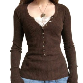 Fairy Grunge Shirts for Women Y2K Tops Long Sleeve Lace Patchwork Tees Teen Girls Vintage Slim Blouse Fall Clothes (Ba Ribbed Knit- Brown, S)