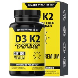 Beyond Vitamins | Vitamina D3 + Vitamina K2 con Aceite de Coco Extra Virgen | MCT (Trigliceridos) para Mayor Absorción | Cápsula Blanda Premium (60 Ca