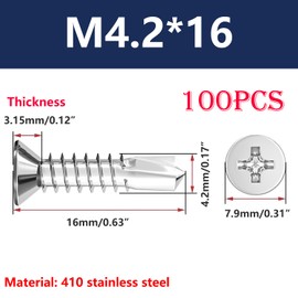 Ctyjia Pack of 100 Self-Drilling Screws, M4.2 x 16 mm Metal Screws, Stainless Steel Drilling Screws, Cross Countersunk Drill for Plasterboard, Wood, Metal
