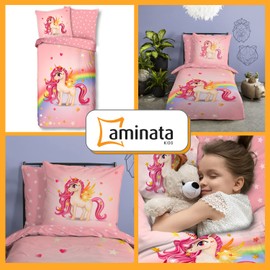 Aminata kids Children's Bed Linen 135 x 200 cm Girls Unicorn Cotton Pink with Zip with Rainbow Animal Motif Horse Reversible Children's Bed Linen for Single Bed