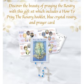 How To Pray The Rosary - Pray The Rosary Booklet with Blue Crystal Rosary, The Lord's Prayer Card | How To Pray The Rosary Pamphlet Set for Daily Prayers, Baptism, Communion, Confirmation | 3 Items