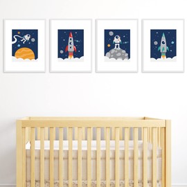 Big Dot of Happiness Blast Off to Outer Space - Unframed Rocket Ship Nursery and Kids Room Linen Paper Wall Art - Set of 4 - Artisms - 8 x 10 inches