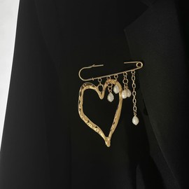 Gold Silver Safety Brooches Pins for Women Punk Heart Pearl Charm Pendant Tassel Safety Brooches Pins Vintage Sweater Shawl Collar Pin Backpack Clothing Badges Pants Chain Pin Accessories (Gold)