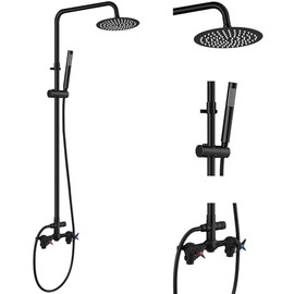 Aolemi Outdoor Shower Kit Outdoor Shower Fixtures Faucet System 2 Handle with 8 Inch Rainfall Shower Head and Handheld Sprayer Exposed Shower with Adjustable Height Shower Pipe Matte Black