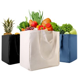 musbus Large Canvas Tote Bag-Organic Cotton, 3-Pack Eco-Friendly Reusable Grocery Bags with Pockets/Bottle Sleeves, Washable Shopping/Farmers Market, Long Shoulder Strap and Short Handle, Foldable