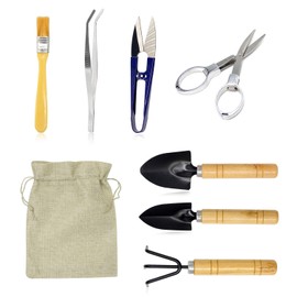 FALIDI Bonsai Set 10 PCS-Mini Gardening Tools Kit for Indoor Outdoor Bonzai Include Pruner, Fold Scissors, Mini Rake, Tweezers, Cleaning Brush