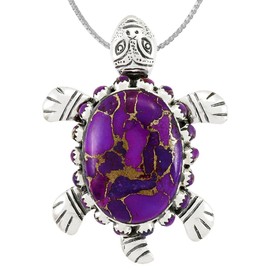 Turtle Turquoise Pendant Necklace 20" Sterling Silver 925 Genuine Gemstones (Purple Turquoise)
