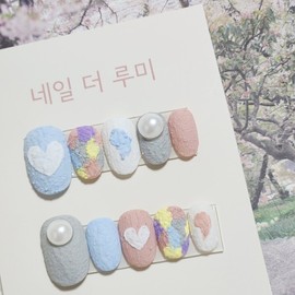  Heart pastel texture handmade nail tip  - Coffin /  하트 파스텔 텍스쳐 수제네일팁  - 코핀