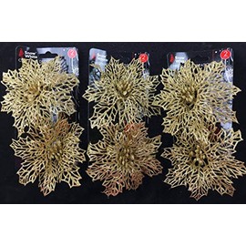 BWG Set Of 6 Large Glitter Poinsettia Clip On Christmas Craft/Tree Decorations - GOLD